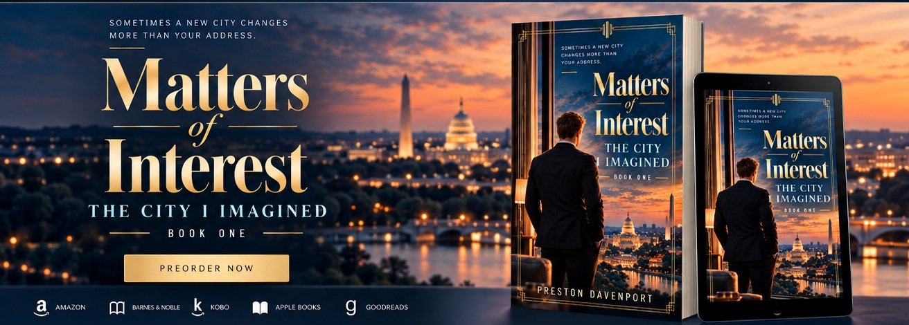 Matters of Interest: The City I Imagined against the Washington, D.C. skyline with print and ebook editions displayed